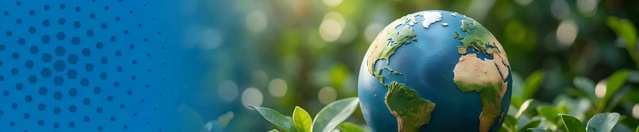 A globe among green leaves, representing customers across continents