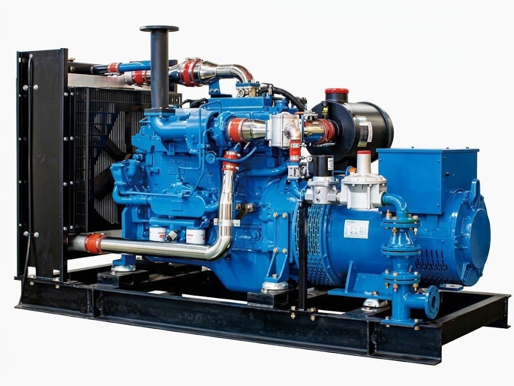 A KINBOOST gas generator set: blue engine, alternator and radiator mounted on a black base frame