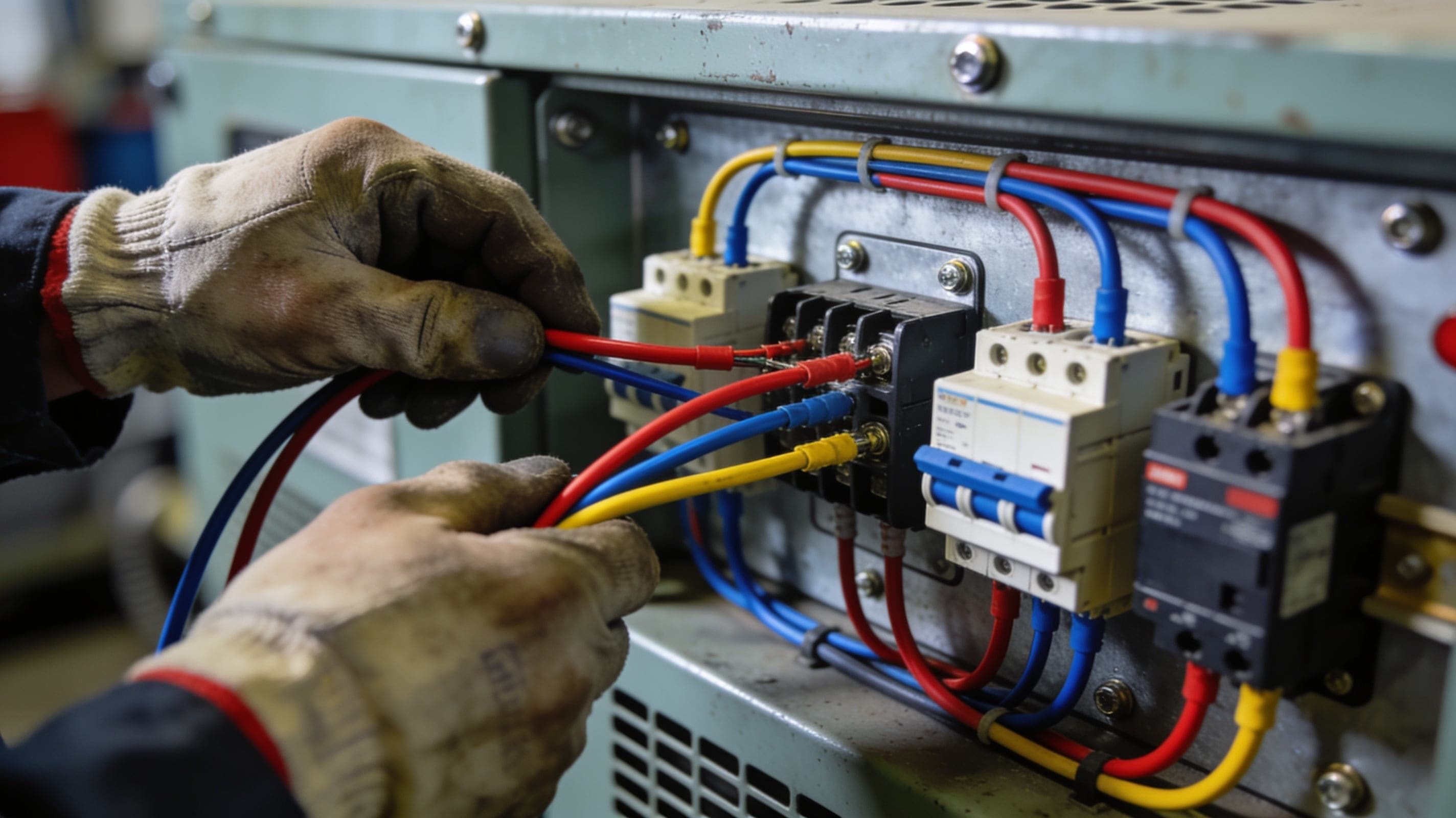 Technician wiring a generator control panel during commissioning
