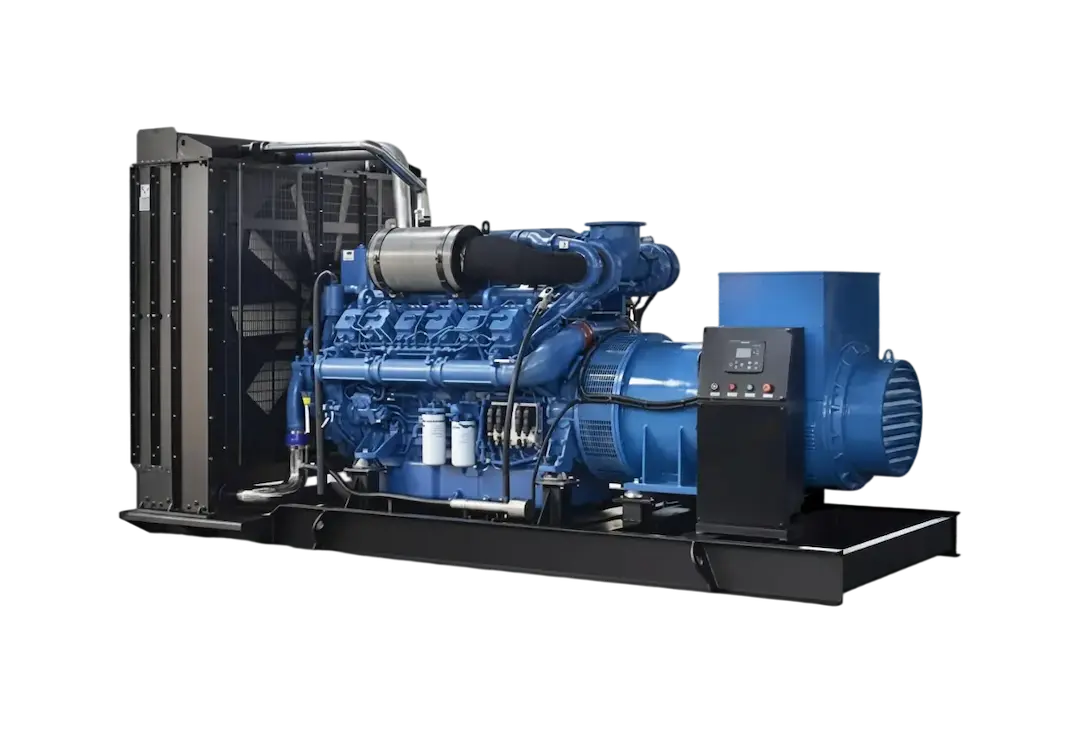 A KINBOOST diesel generator set: blue engine with radiator and alternator on a black skid base