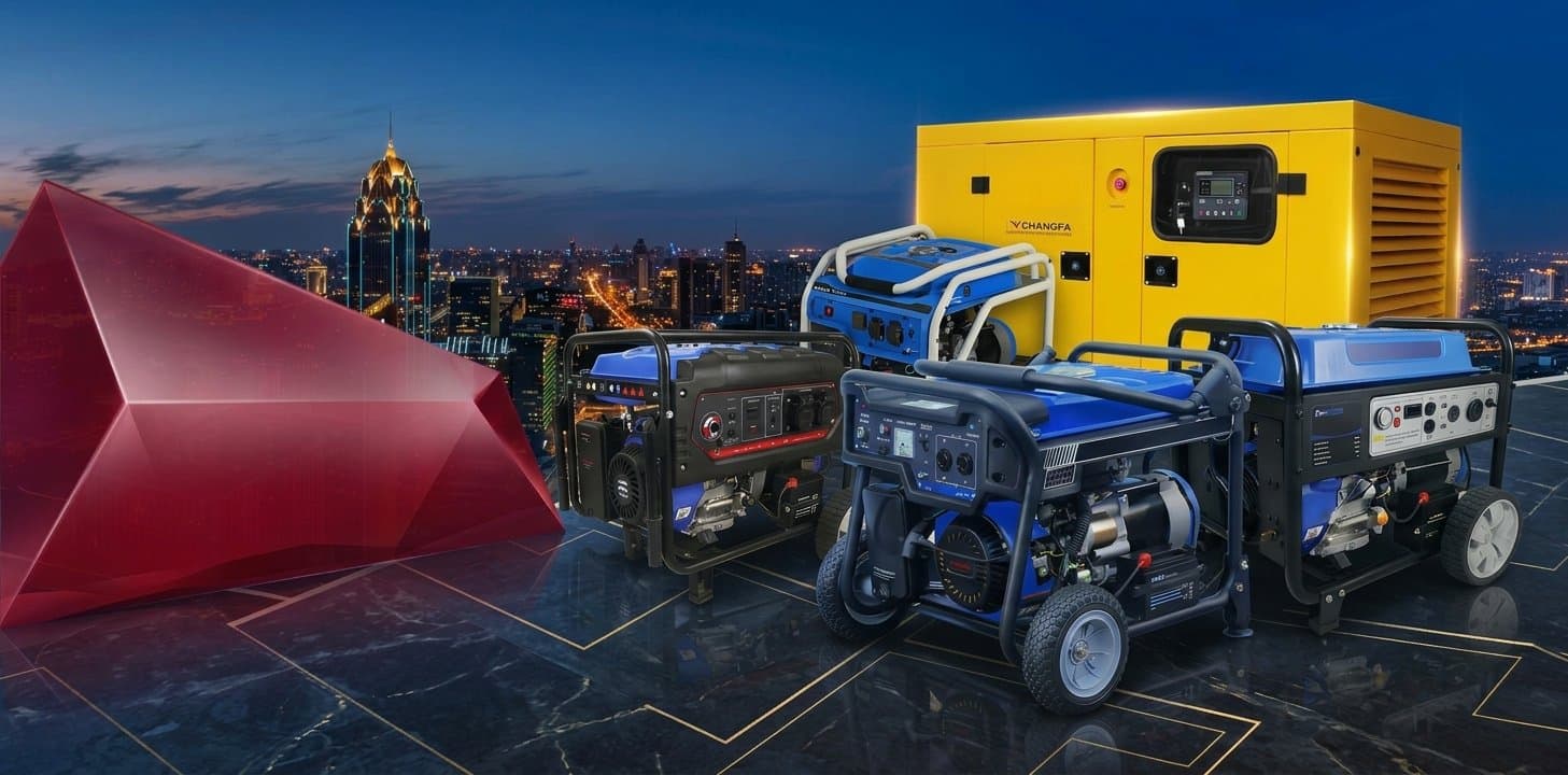 KINBOOST petrol generator sets, from portable open frames to silent canopies, against a city skyline at dusk