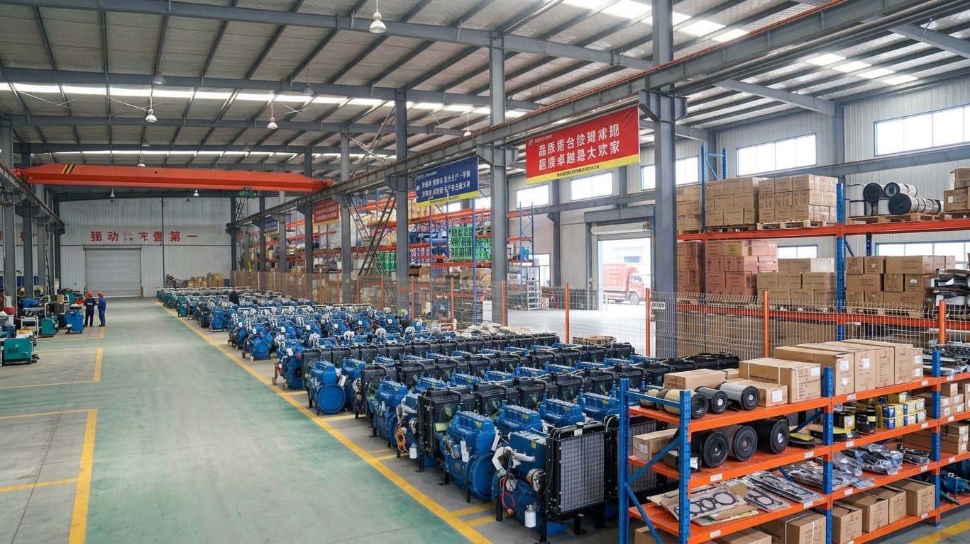 Export-crated generator sets staged for container loading with their document pack