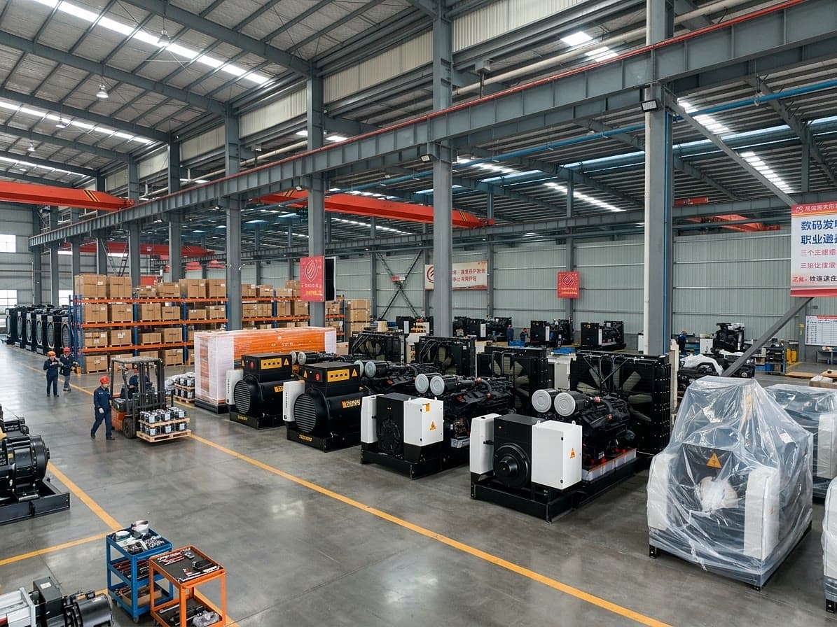 The production hall: rows of open and canopy sets on the floor, two technicians walking the aisle, export crates stacked along the wall