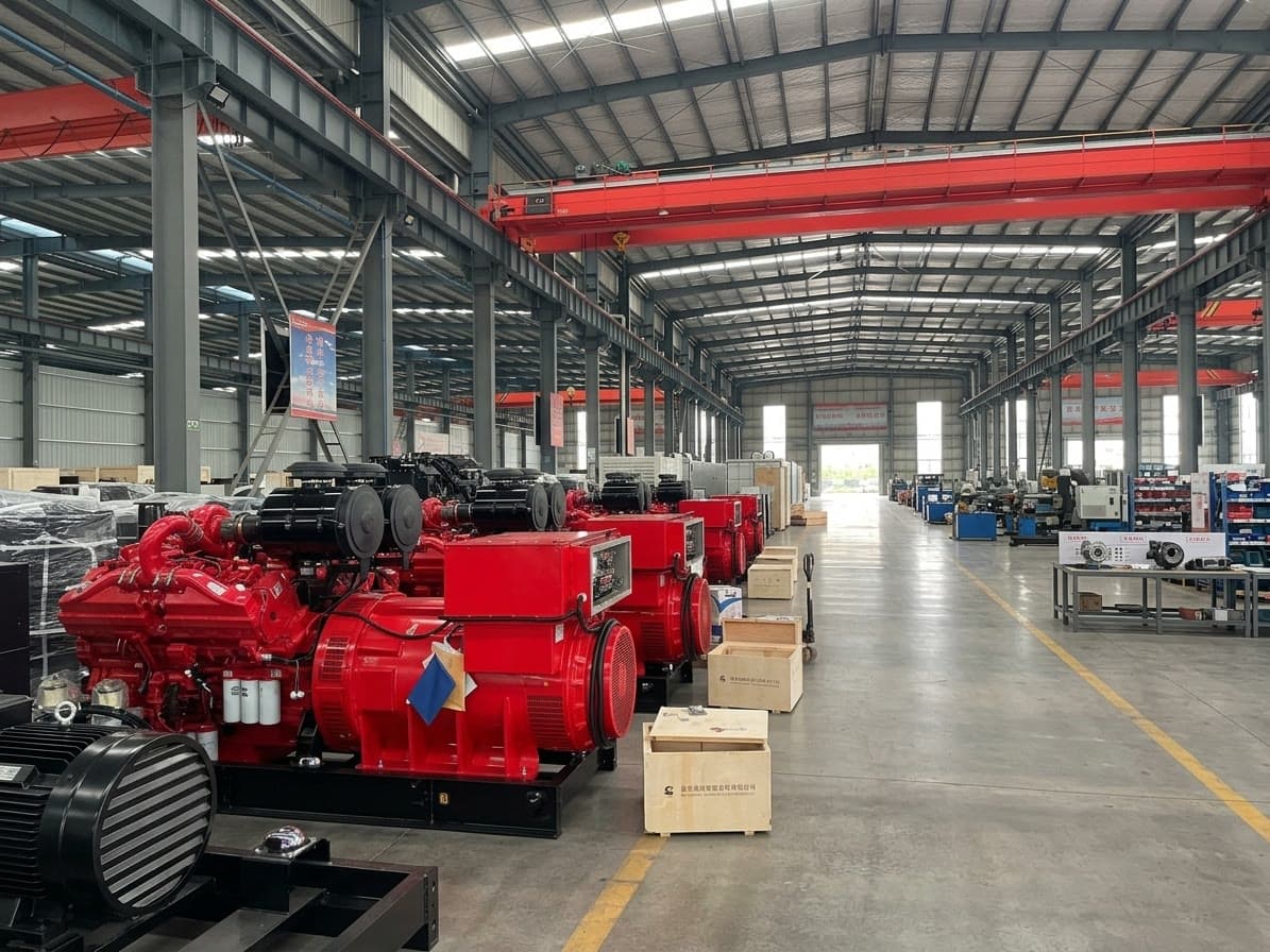 Finished generator sets staged for pre-dispatch load testing